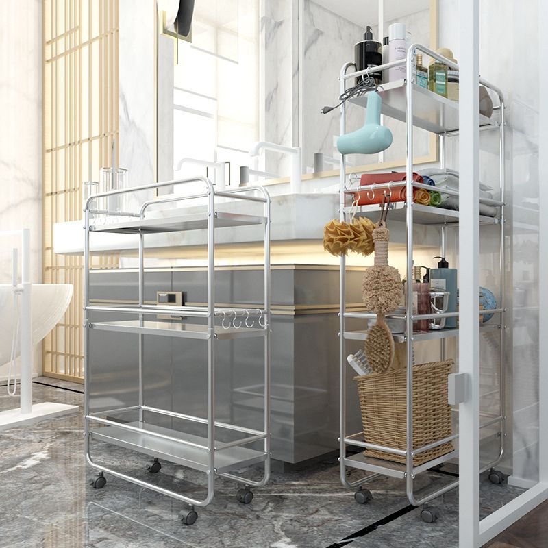 Laundry Room Use Stainless-Steel Tool Service Cart with Handle, Lockable Wheel & 4 Shelves