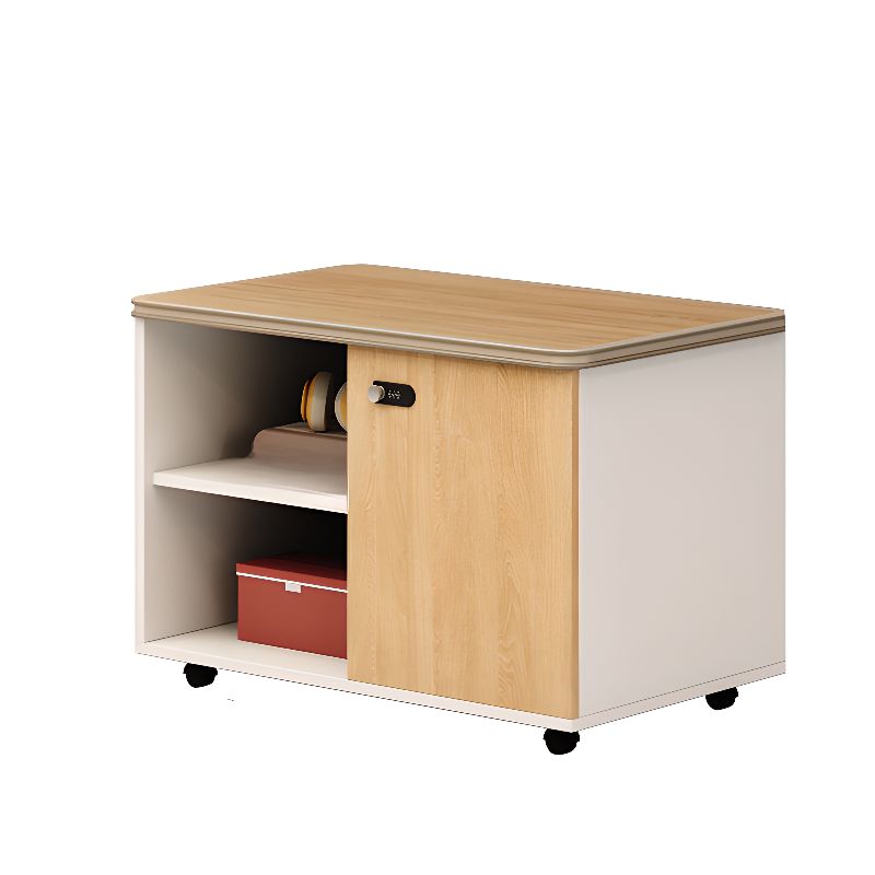 Art Deco Manufactured Wood Base Cabinet with Roller Wheels, Shelves, and Locking Door, 2-Wide/3-Wide Compartments