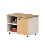 Art Deco Manufactured Wood Base Cabinet with Roller Wheels, Shelves, and Locking Door, 2-Wide/3-Wide Compartments