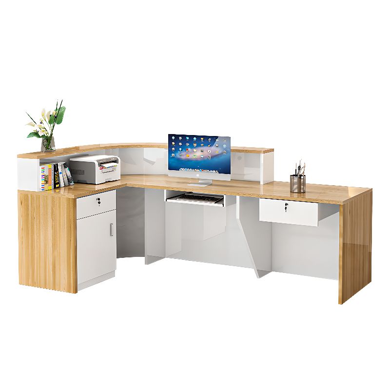Corner Hydrophobic Desk with 1 Cabinet, Hutch, Keyboard Tray, Desk Return, Filing Cabinet, and Solid Wood Top