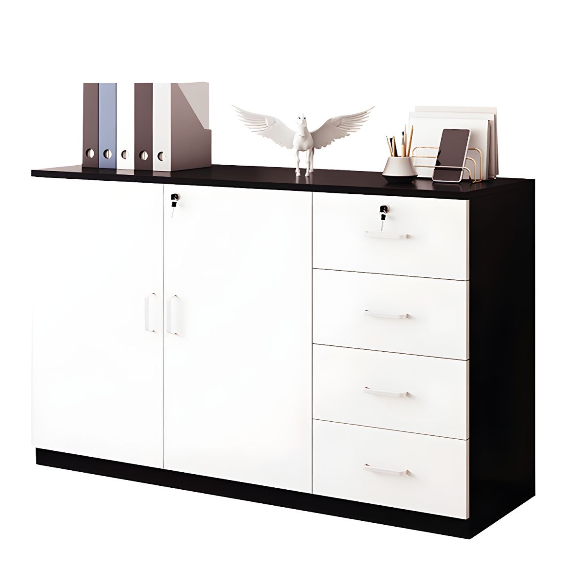 Modern Cabinet Wood Lateral Adjustable Storage Shelves and Locking Drawers File Cabinet