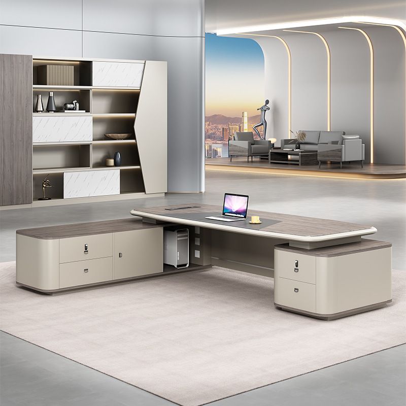 Moisture Resistant Executive Desk with Cabinet, Front Splash, Cooling Hole, 4 Drawers/2 Drawers, 1 Exterior Shelf, Cable Management & Twin Pedestal/Pedestal