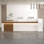 Rectangular Reception Desk with 1 Drawer, Hutch, Keyboard Tray, Cable Management in Blue/Maroon/Amber Color Manufactured Wood Top