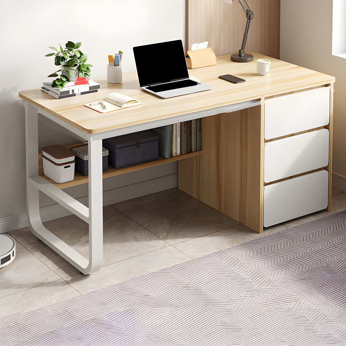 Contemporary Wood in White Writing Desk Shape in Rectangular with 3 Drawers