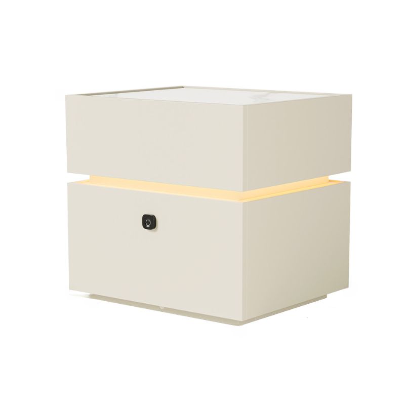 Modish Nightstand With Drawer Organization, Stone Countertop, and Illuminating Lighting