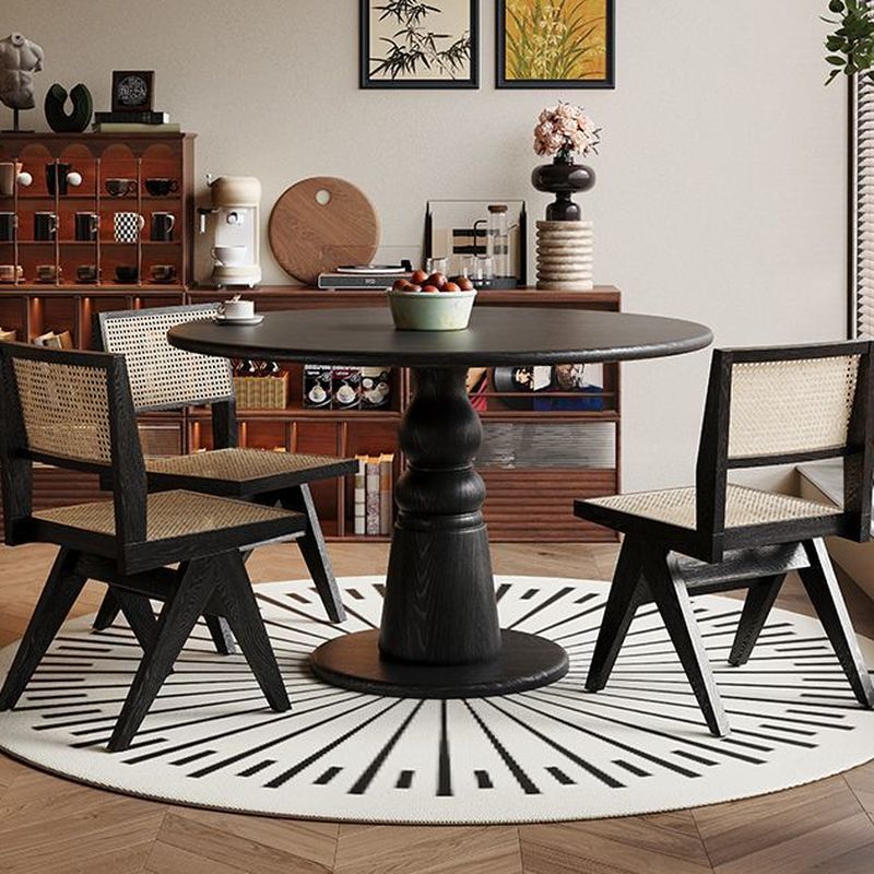 Contemporary Matte Black Stump Base Solid Wood Kitchen & Dining Table with Fixed Table Mechanism for 4-person Seating