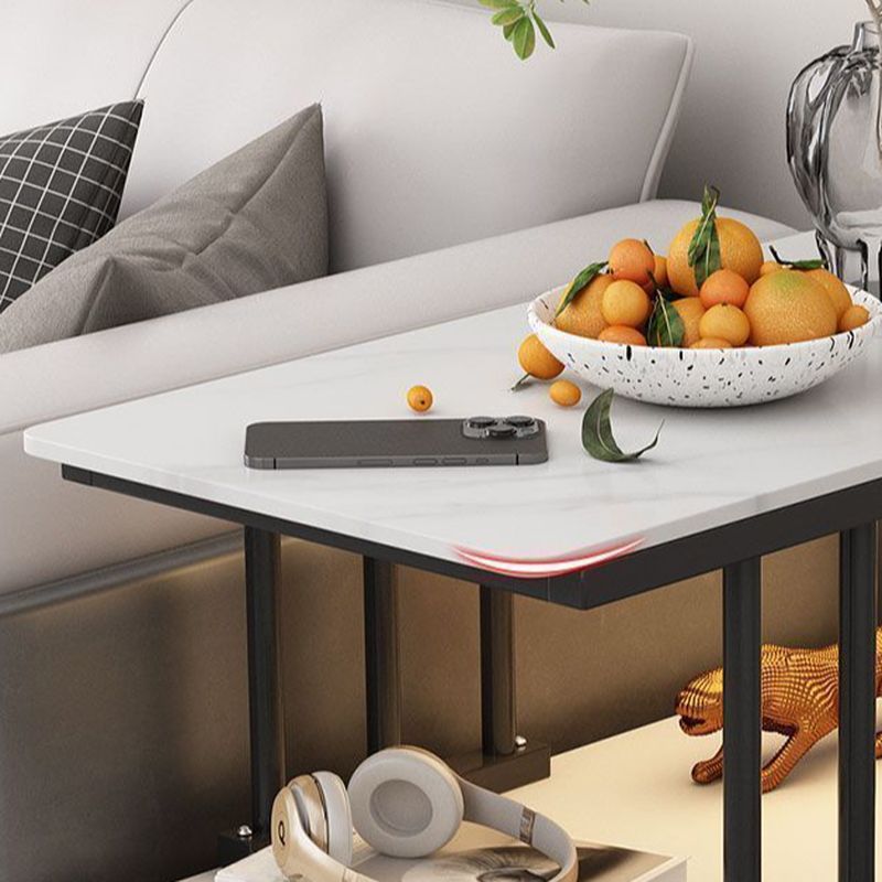 Contemporary Chairside Table with Stone Top and 4 Legs in Rectangle Shape, Featuring Shelf and Compartment