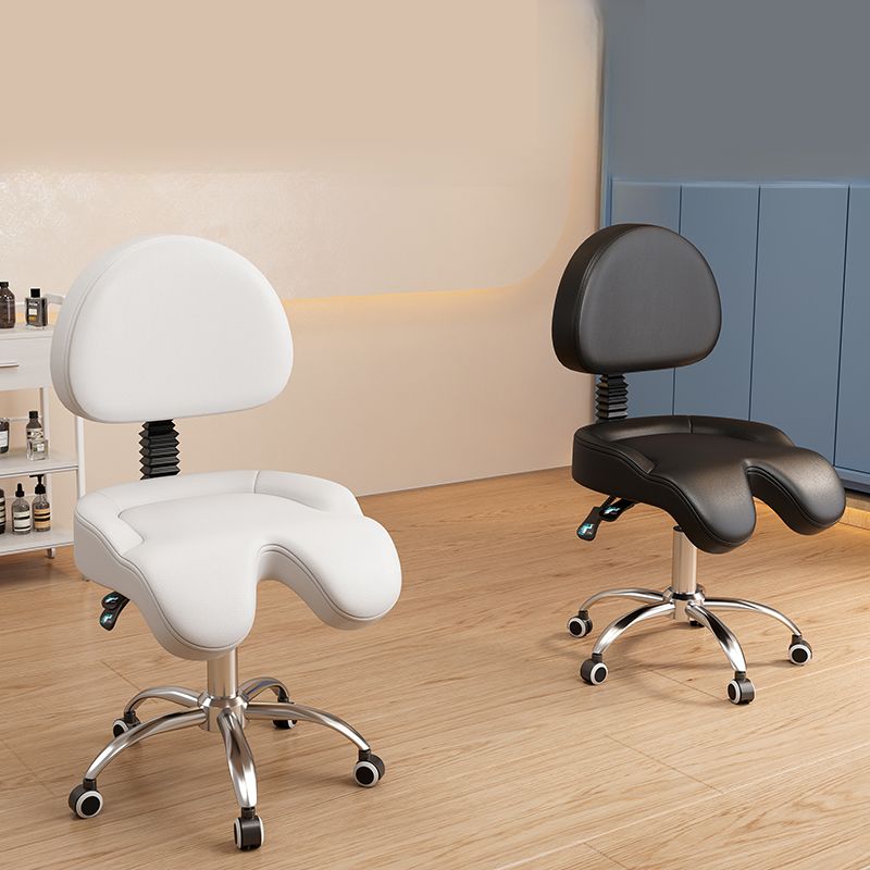 Adaptable Height Rotatable Metal Task Stool with Wheels and Upholstered Adjustable Backrest