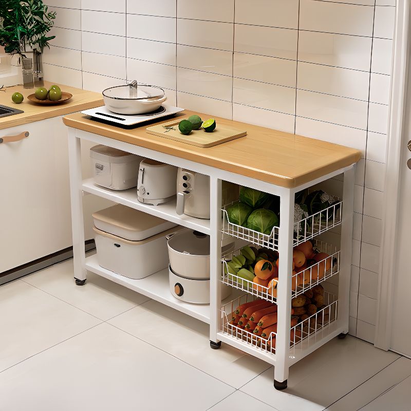 Modish Rectangle Kitchen Island with 3/2 Shelves, Manufactured Wood Countertop, Open Storage in Brown/Natural