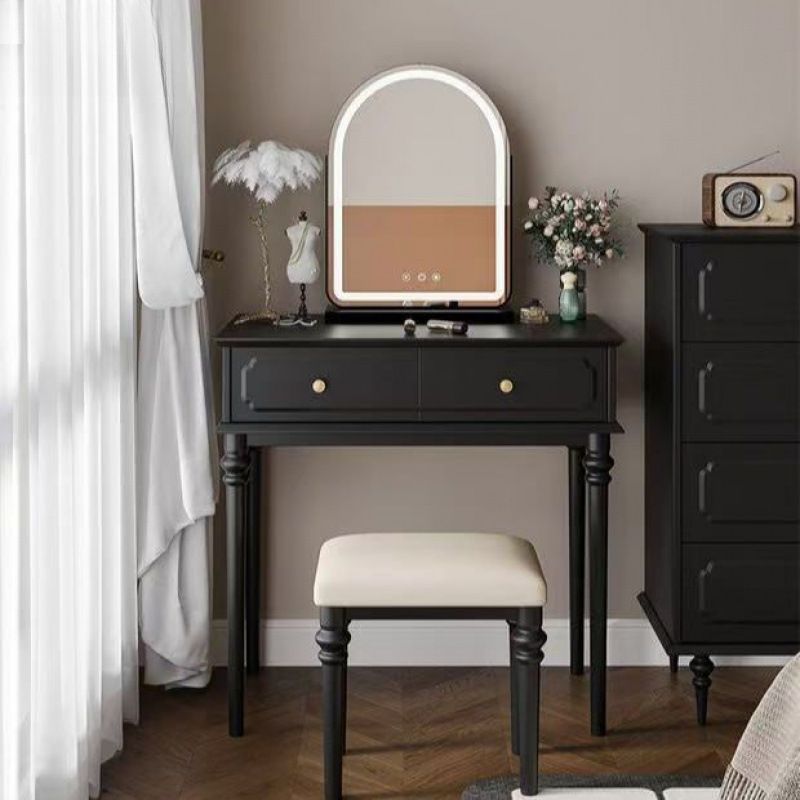 Midnight Black Casual Standard Makeup Vanity with Natural Wood Table Top and 2 Drawers