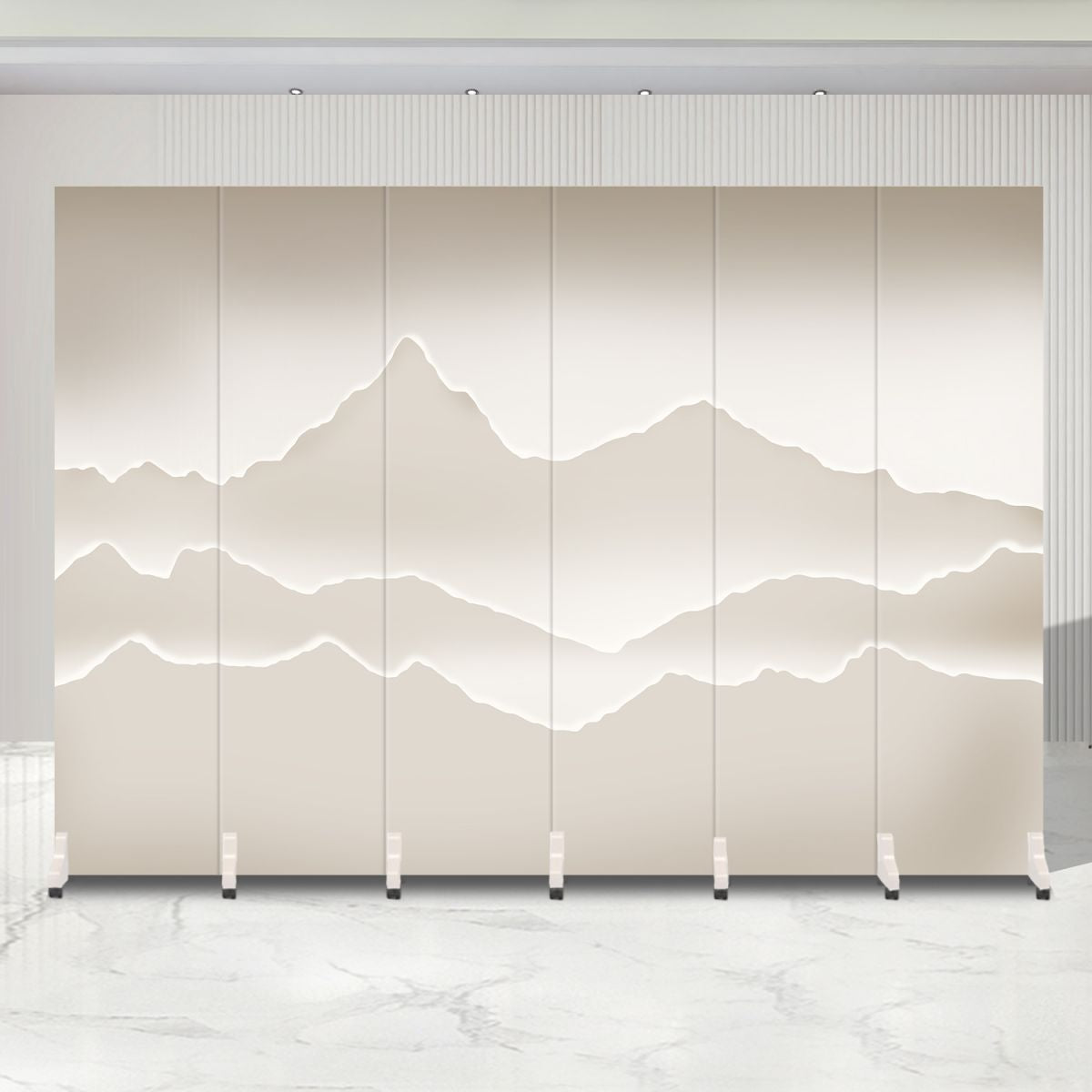 Indoor Opaque Folding Natural Wood Temporary Wall Panels with 6 Panels, Double Sided Print, and Self-supporting Design