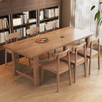Contemporary Solid Wood Kitchen & Dining Table with Light Brown Trestle Base, Fixed Table, Waterproof for 6-person Seat, Solid Wood Tabletop