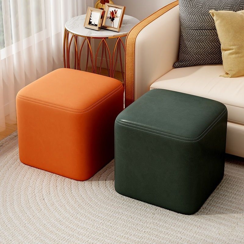 Trendy Square Solid Color Cube Ottoman with Leatherette Upholstery in Dove Grey/Green/Tan