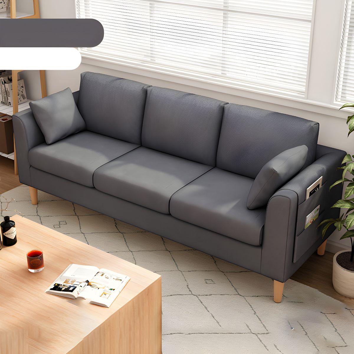 Scandinavian 3 Seater Sofa with Pillows Back and Tuxedo Arm and Solid Wood Legs