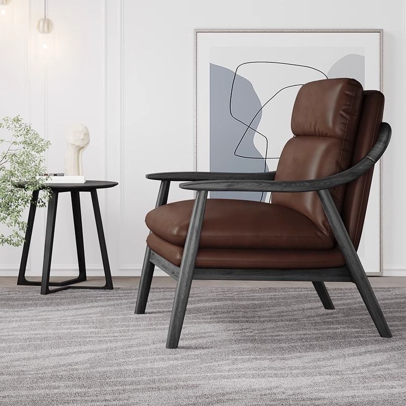 Simplistic Solid Color Arm Chair with Sewn Pillow Back in Ink/Cocoa and Arms