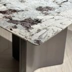 Minimalist Chalk Scratch-tolerant Fixed Marble Top Dining Table with Stainless Alloy Double Pedestal Base for 10-seater/for 6/Seating for 8