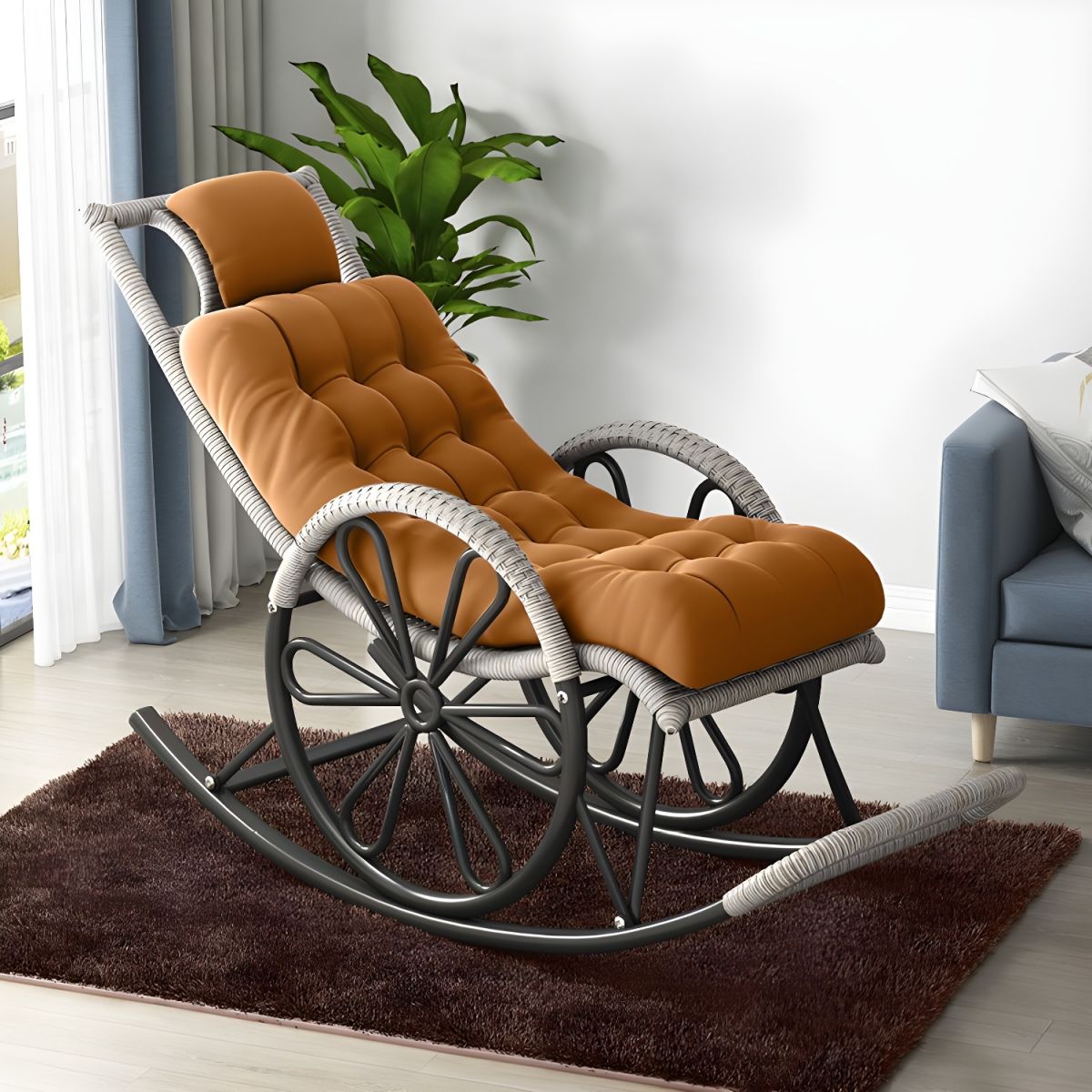 Modern Rocker Wicker Removable Cushions Tufted with Gray Frame Rocking Chair
