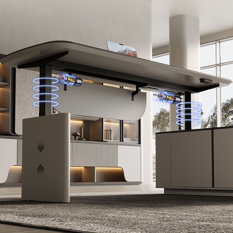 Pressure Resistant Desk with 2 Drawers, 1 Cabinet, 2 Shelves, Stump Base, Auburn Top, Built-in Outlet, and Programmable Memory Controller