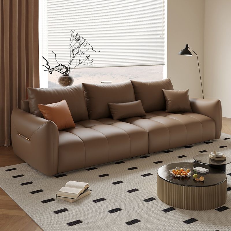 Modish Solid Color Scratch-durable Standard Sofa in Midnight Black/Mocha/Off-White, Seats 3 with 3 Pillows