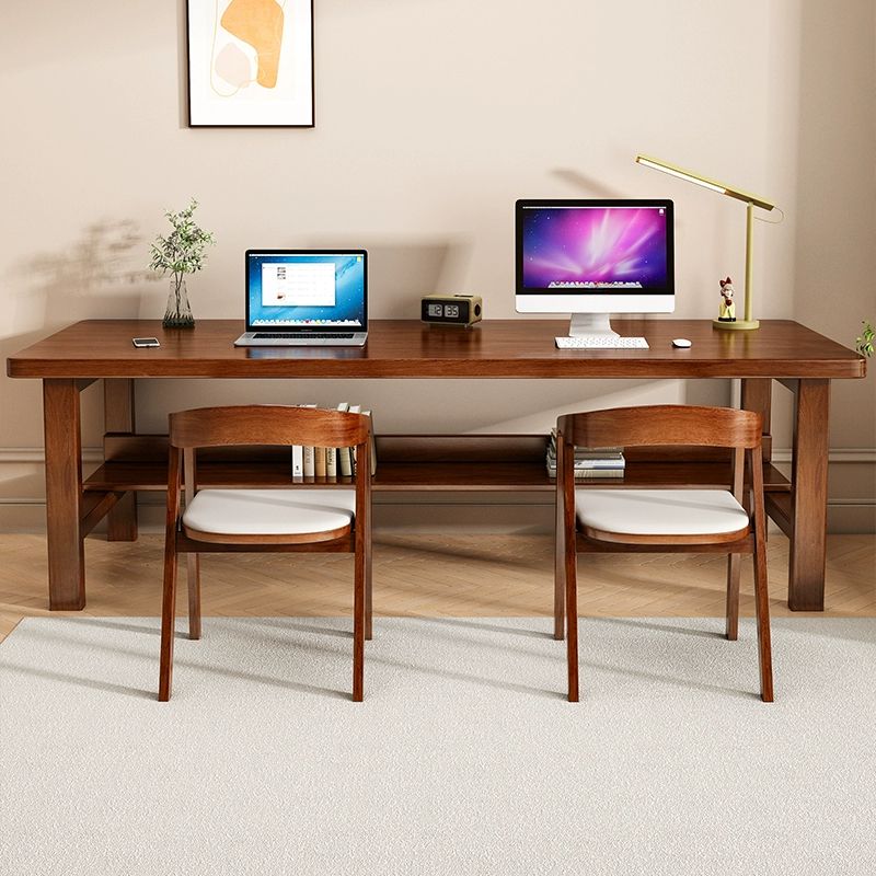 Casual Writing Desk with Storage, Scratch-proof H-Shape Base, Exterior Shelf in Sepia/Natural Natural Wood
