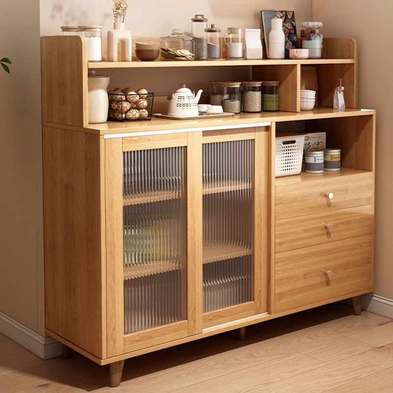 Art Deco Sideboard with 3 Drawers, Closet, 2/3 Shelves, Pantry Hutch, Engineered Wood Countertop, and Sliding Doors