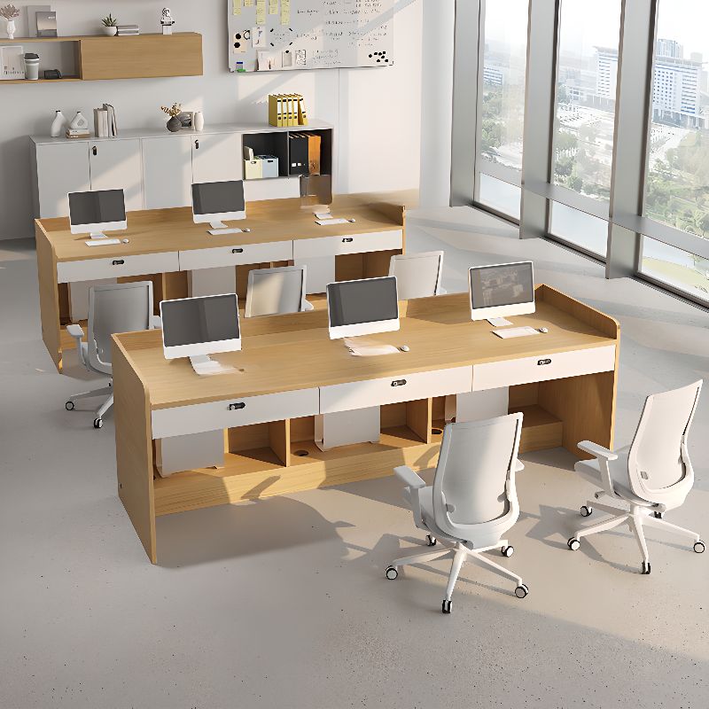 Natural Finish Timber Base with 3/2/1 Drawer, Stump Base, Floor Mounted, Cable Management, and Front Splash