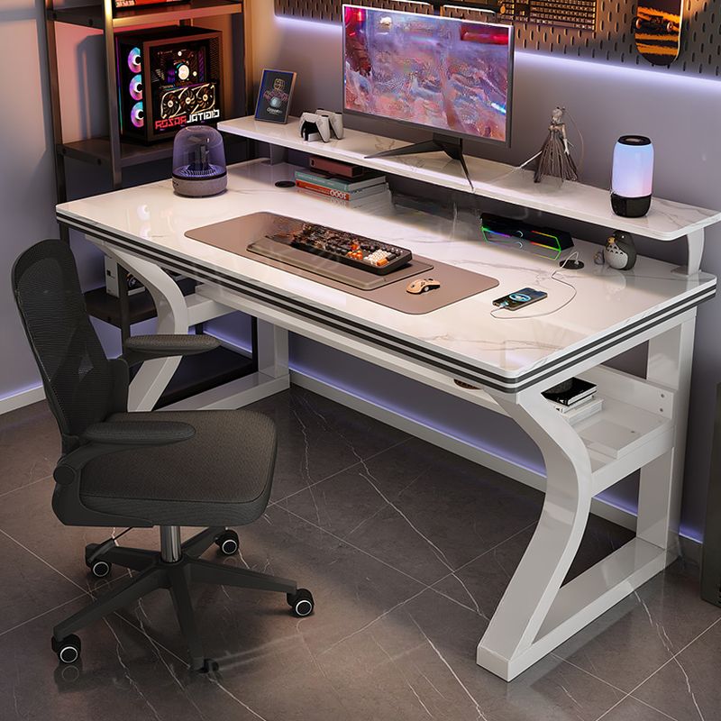 Grey/Chalk Minimalist Gaming Computer Desk with Rust Resistant Trestle Base, Exterior Shelf, Wire Management, and Stone Top