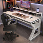 Grey/Chalk Minimalist Gaming Computer Desk with Rust Resistant Trestle Base, Exterior Shelf, Wire Management, and Stone Top