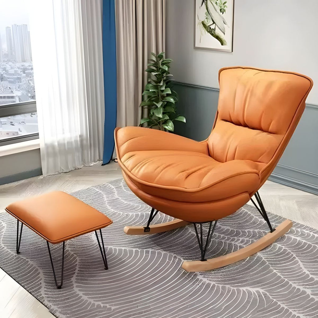 Modern Plain Rocking Chair Faux Leather Water Resistant Chair with Ottoman