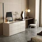Modish Large Vanity Set with Reclaimed Wood Table Top, White Chair, Light Up Mirror, and 6 Drawers