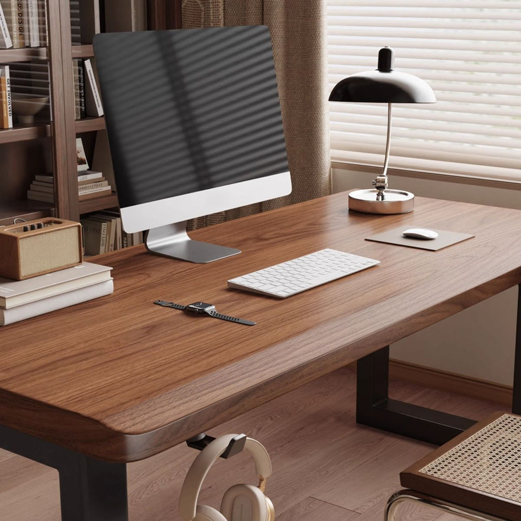 Brown/Black Rectangle Warp-proof Natural Wood Gamer Desk with Headphone Holder in a Modern Simple Style, Power Socket Included