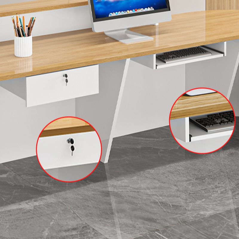 L-Shape Manufactured Wood Top Reception Desk with Hutch, Keyboard Tray, Cabinet, Desk Return & Cable Management