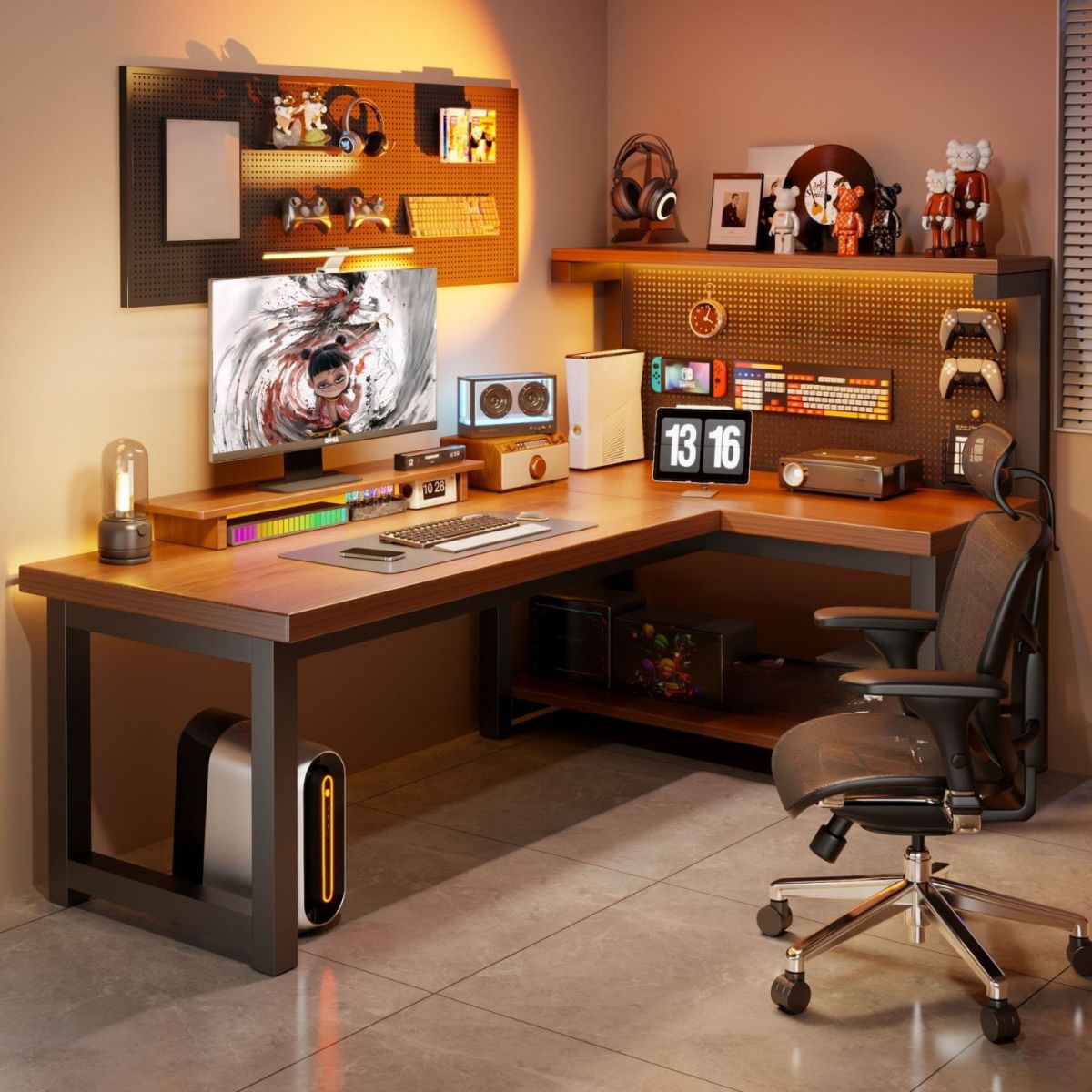 Light Natural Brown Minimalist L-Shape Scratch-repellent Desk with H-Shape Base, Exterior Shelf, Wire Management, and Engineered Wood Top