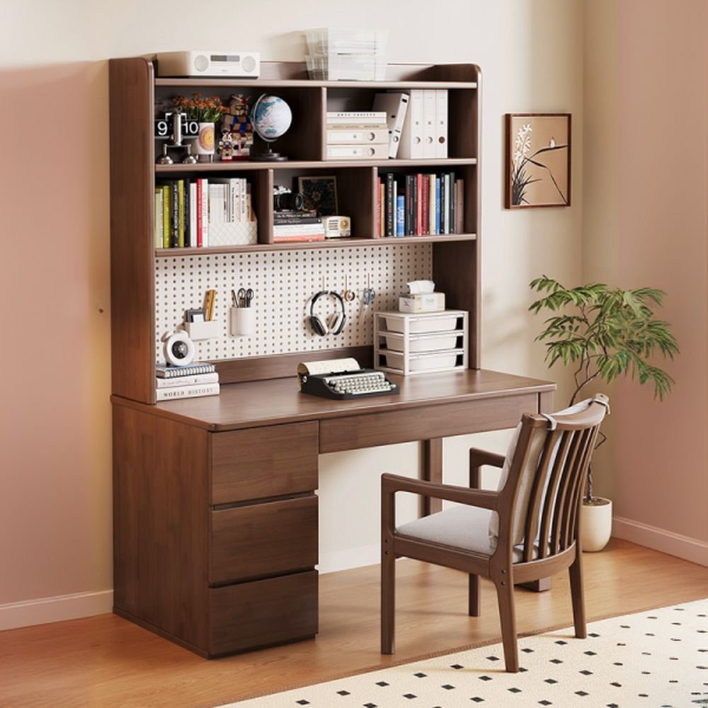 Modern Rectangular Natural Wood Desk in Chalk/Auburn/Unfinished Color with Drawers, Exterior Shelf, and Hutch