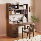 Modern Rectangular Natural Wood Desk in Chalk/Auburn/Unfinished Color with Drawers, Exterior Shelf, and Hutch