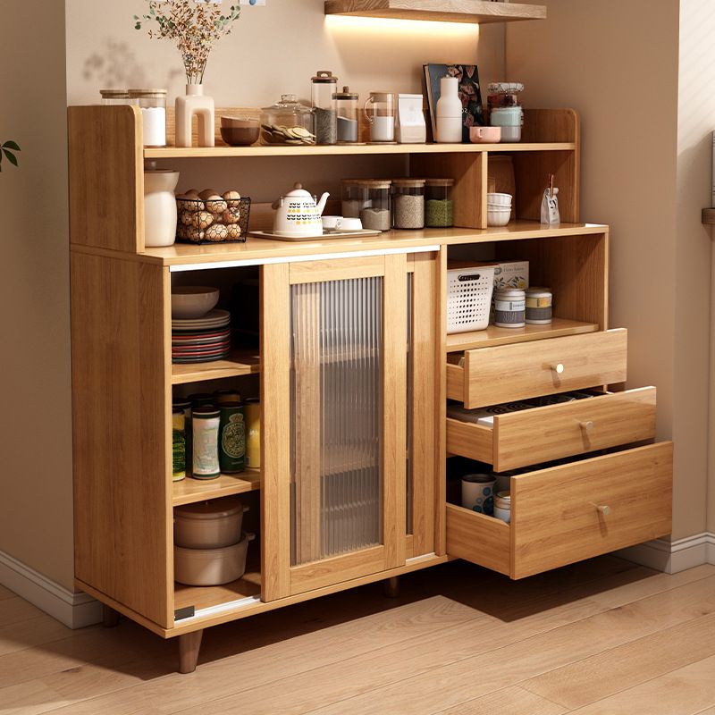 Art Deco Sideboard with 3 Drawers, Closet, 2/3 Shelves, Pantry Hutch, Engineered Wood Countertop, and Sliding Doors