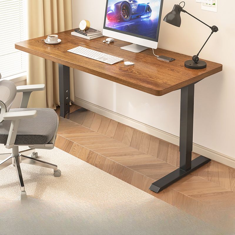 Modern Rectangular Height-Adjustable Laminate Desk in Midnight Black/Chalk/Light Brown with Cable Management and Hand-Operated Office Computer Desk