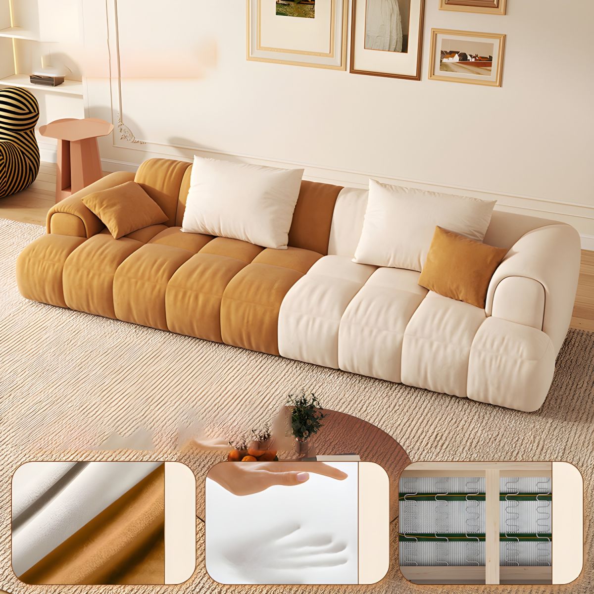 Scandinavian Recessed Arm Sofa 28.7" H Blocks Sofa with Pillows