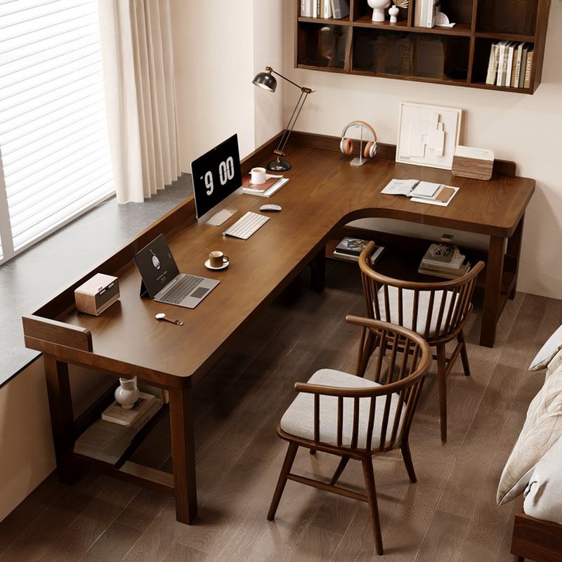 Casual Sepia Writing Desk with Storage and Scratch-proof H-Shape Base Featuring Exterior Shelf and Baffle