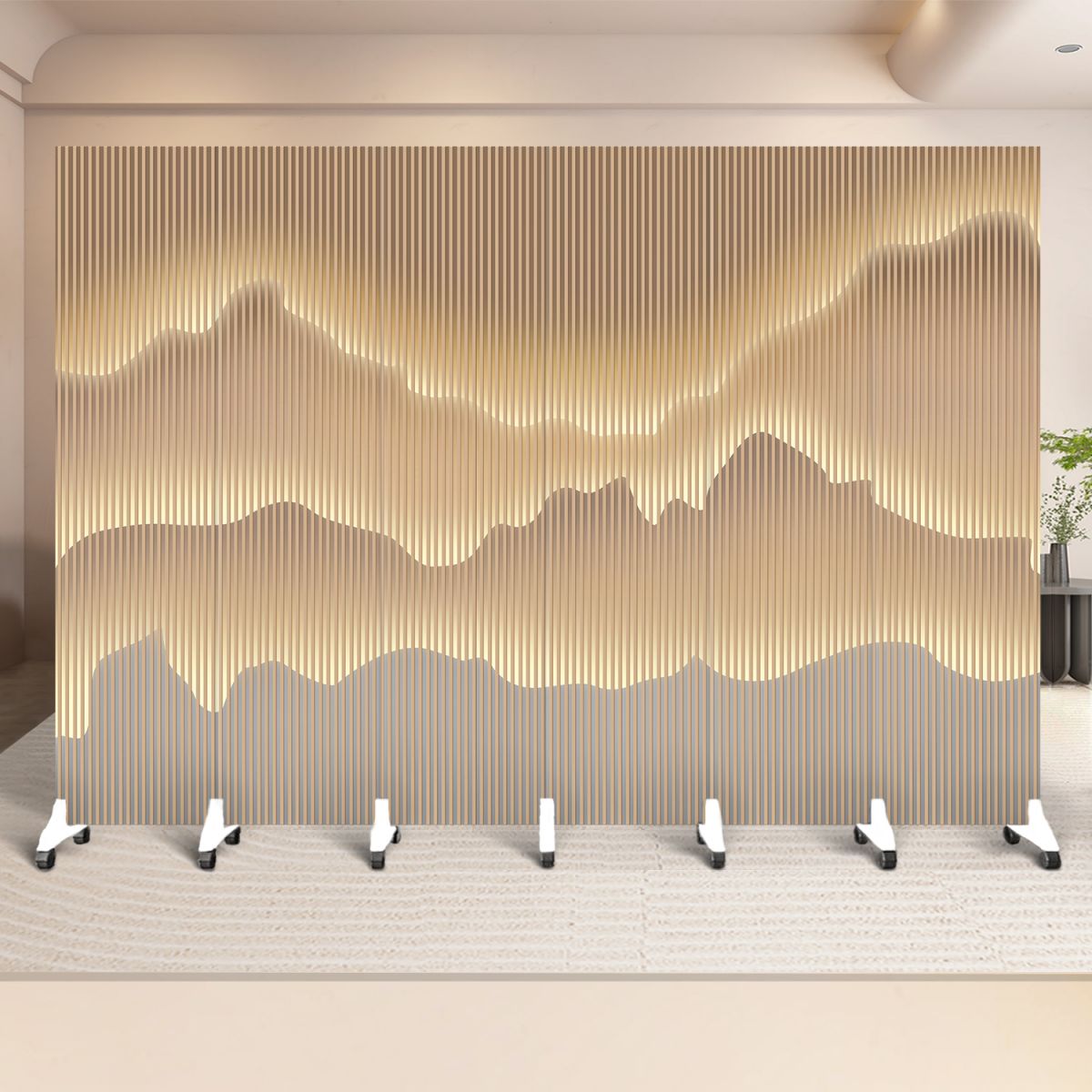 Indoor Opaque Collapsible Temporary Wall with Wheels, Natural Wood Frame, 6 Panels, and Double Sided Print