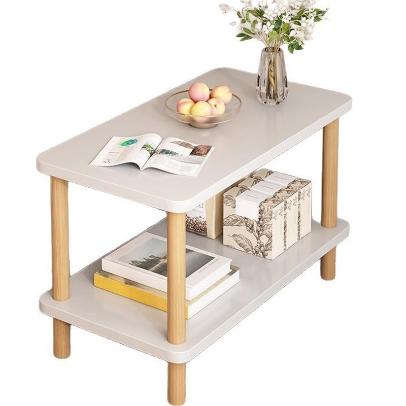 Contemporary Chairside Table Only with Engineered Wood Top, 4 Legs, Chalk/Caramel/Unfinished Color, Rectangle/Square Shape, and Shelf