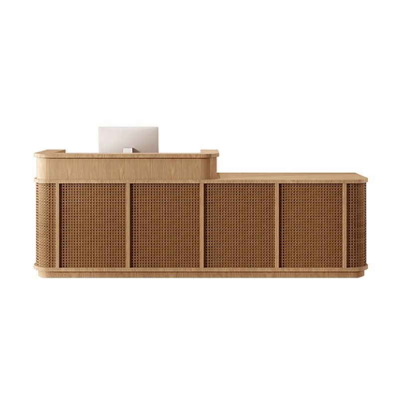 Rectangular Reception Desk with Locker, Hutch, Keyboard Tray, Brown/Unfinished Color Top, Filing Cabinet, Manufactured Wood Top