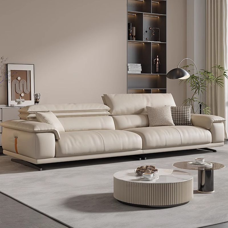 Modish Solid Color Standard Sofa in Beige with Pillow Top Arm and 3 Pillows for 5 Person/4-seater/3-seater