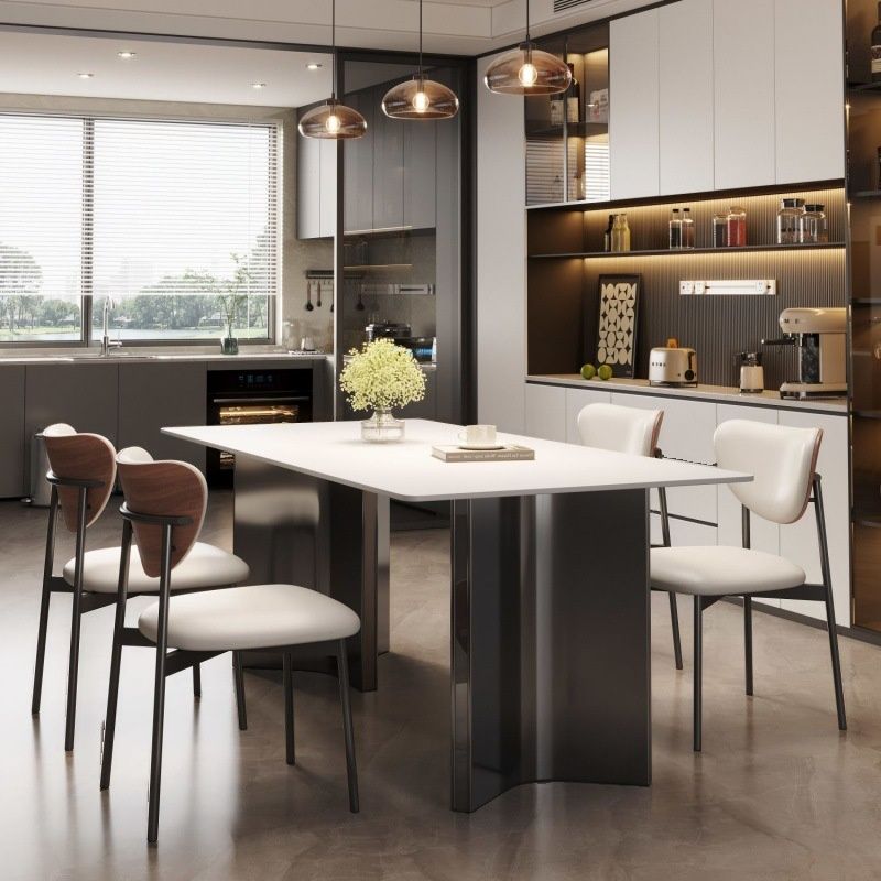 Anti-Fouling Gloss Finish Stone Dining Table with a Sintered Stone Tabletop and Midnight Black Double Pedestal Base for Seating for 4/for 8/6 People