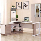 Office Desk with 3 Drawers and Stump Base, Featuring Exterior Shelf, Cable Management, Tan Top, Front Splash, and Cooling Hole