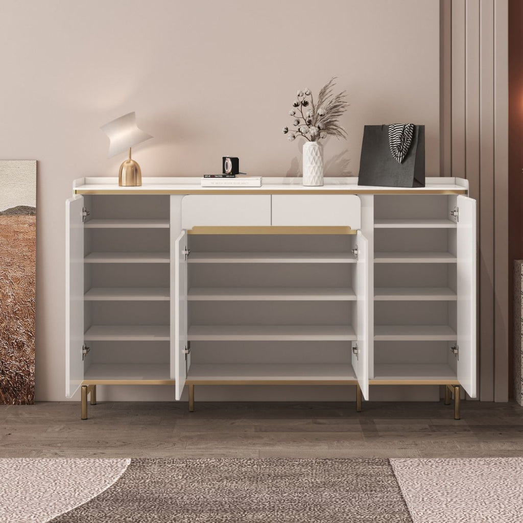 Chalk Reclaimed Wood 5-Tier Shoe Tower with Shelf, Compartments, Cabinet Door, and Dustproof Cover