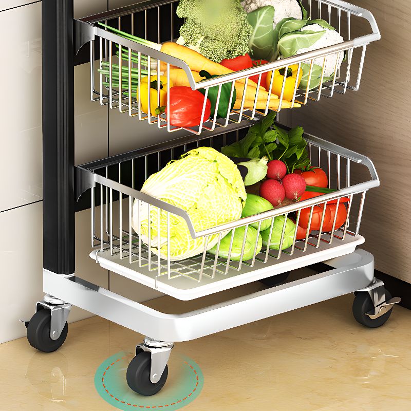 Modish Rectangle Portable Center with Wheels, Metal Countertop, Adjustable Shelves, and Silver Open Storage