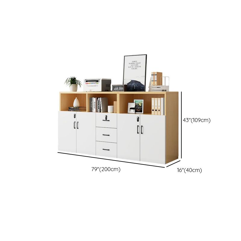 Natural Finish Manufactured Wood Supplies Cabinet with Shelves, Drawers, Locker, Locking Door, and 5-Wide/4-Wide/3-Wide Compartments