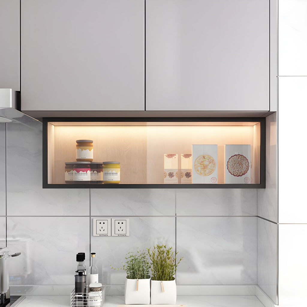 Contemporary Faux Wood Wall Mounted Display Cabinet with Glass Door in Grey