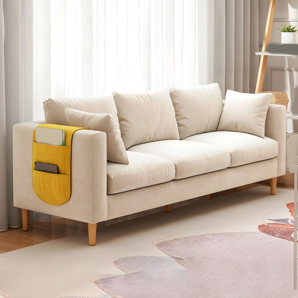 Contemporary Velvet Square Arm Sofa with Storage for Three People